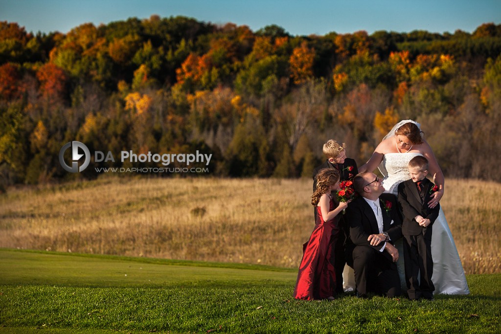 Happy Family on their parents wedding day - Blended Family in Fall wedding by DA Photography, www.daphotostudio.com