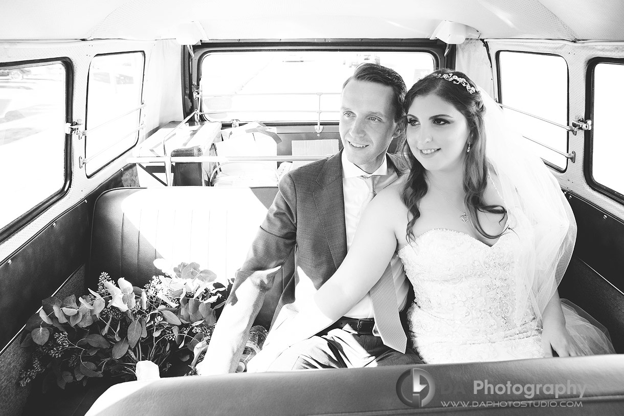 Photos of Bride and Groom in vintage Volkswagen van