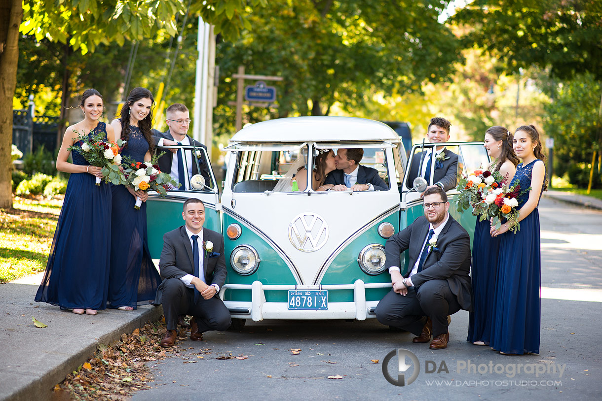 Wedding Photo of Bride and Groom in vintage Volkswagen van