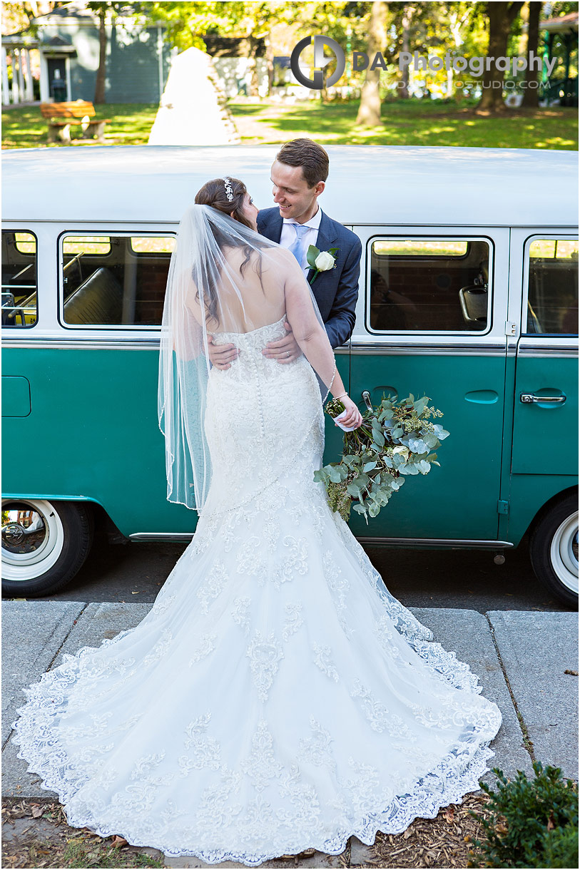 Wedding Photos of Bride and Groom in vintage Volkswagen van