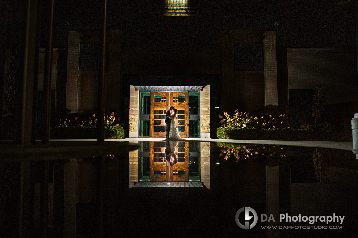 Nighttime portrait of Bride and Groom at Church wedding