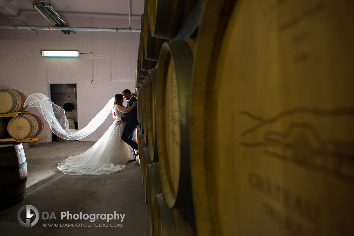 Wedding photos in a winery cellar