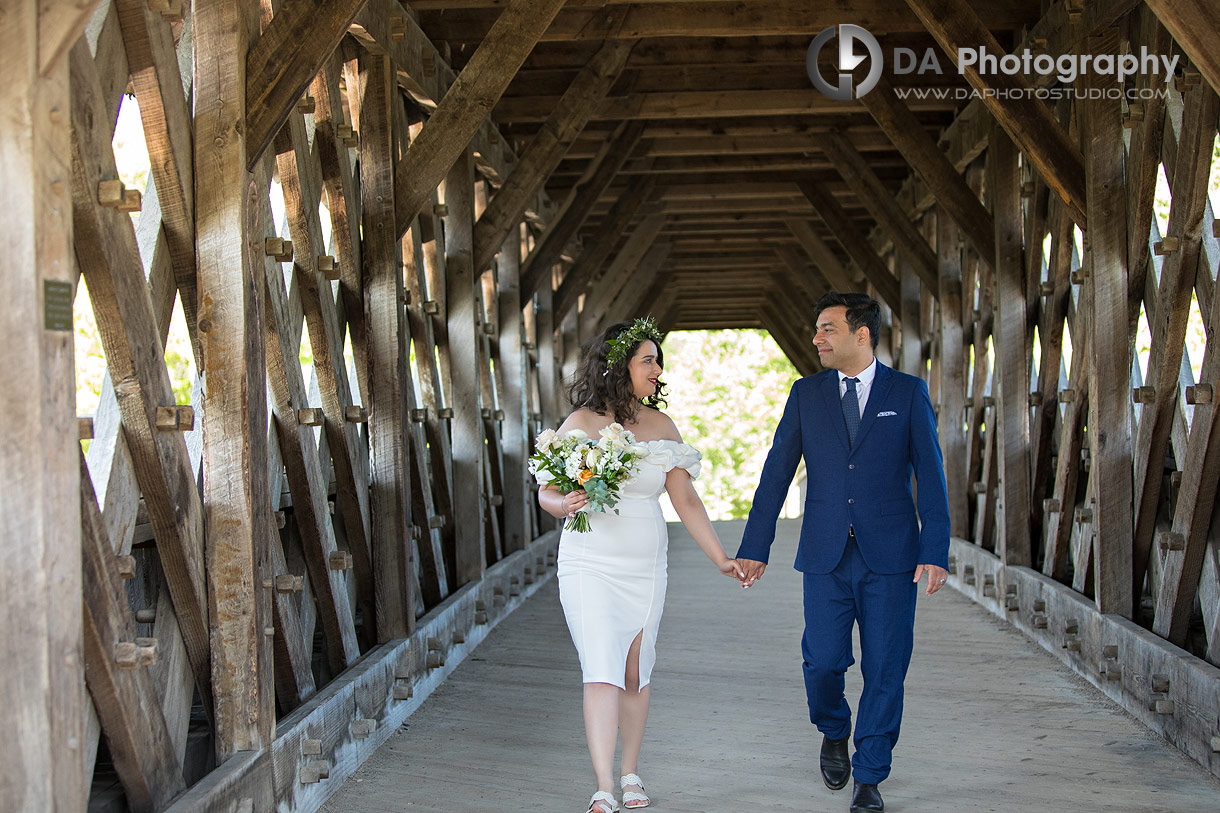 Bride and Groom at The Covered Bridge in Guelph