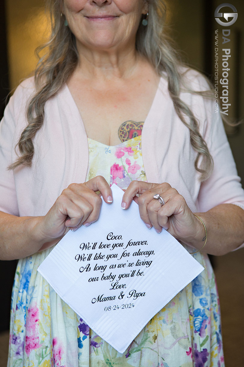 Custom made handkerchief by mom of the bride 