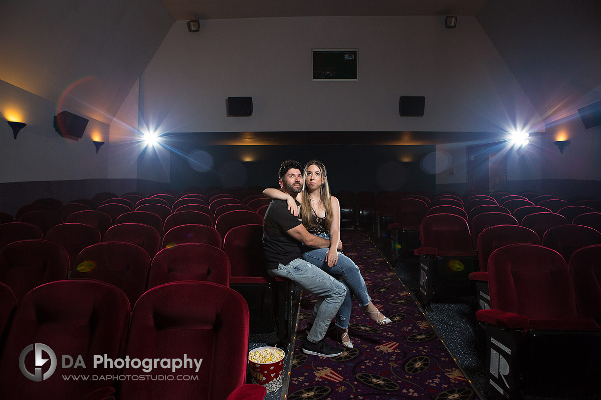 Movie Theatre engagement photos at The Roxy in Uxbridge