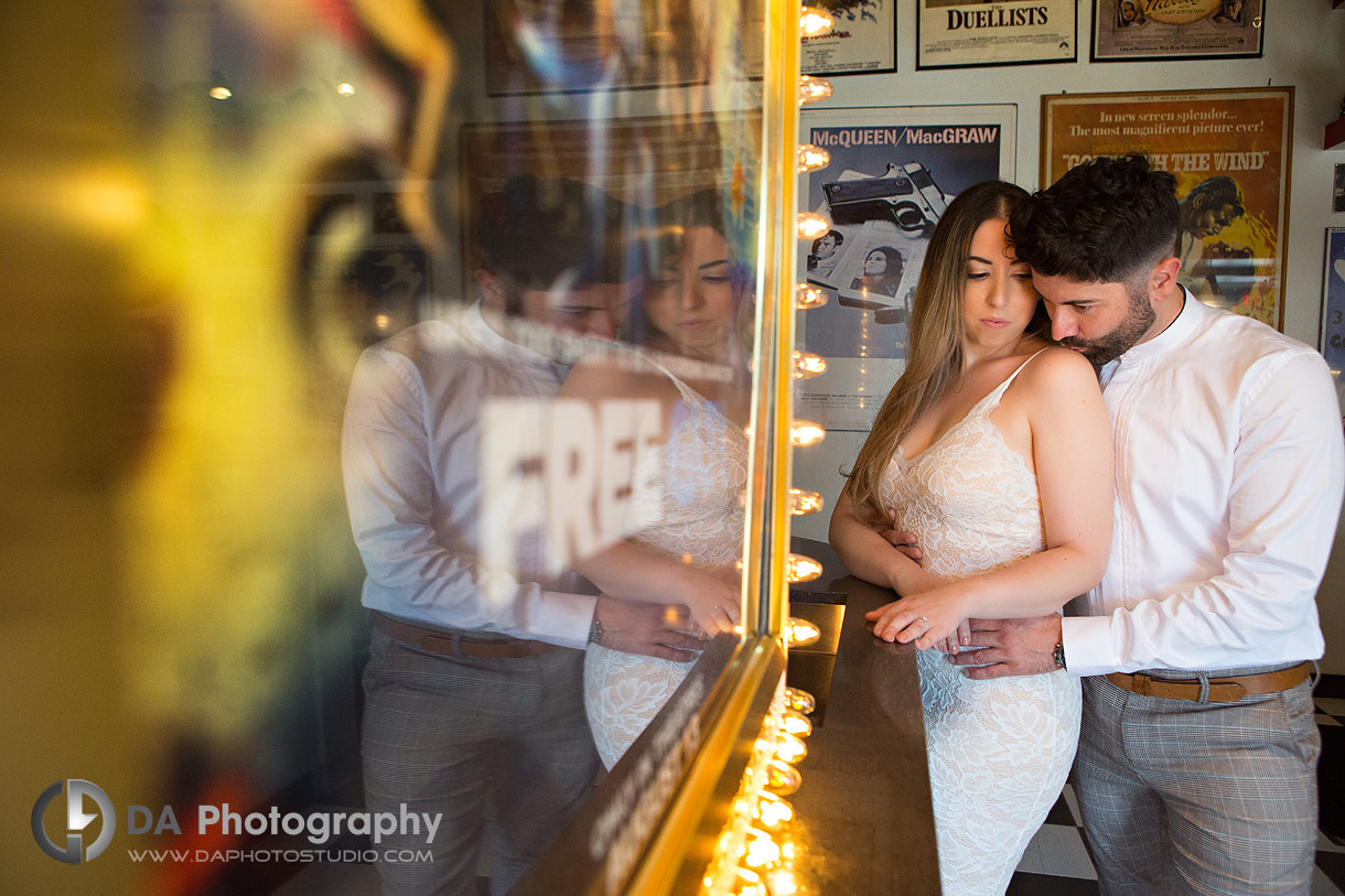 Intimate engagement photo at Movie Theatre in Uxbridge