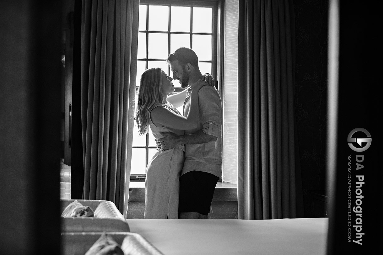 Intimate engagement photo at Elora Mill
