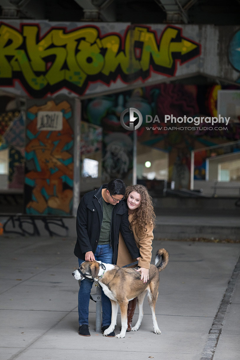City engagement photography with a dog
