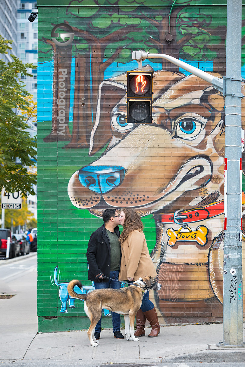 City engagement photos with a dog