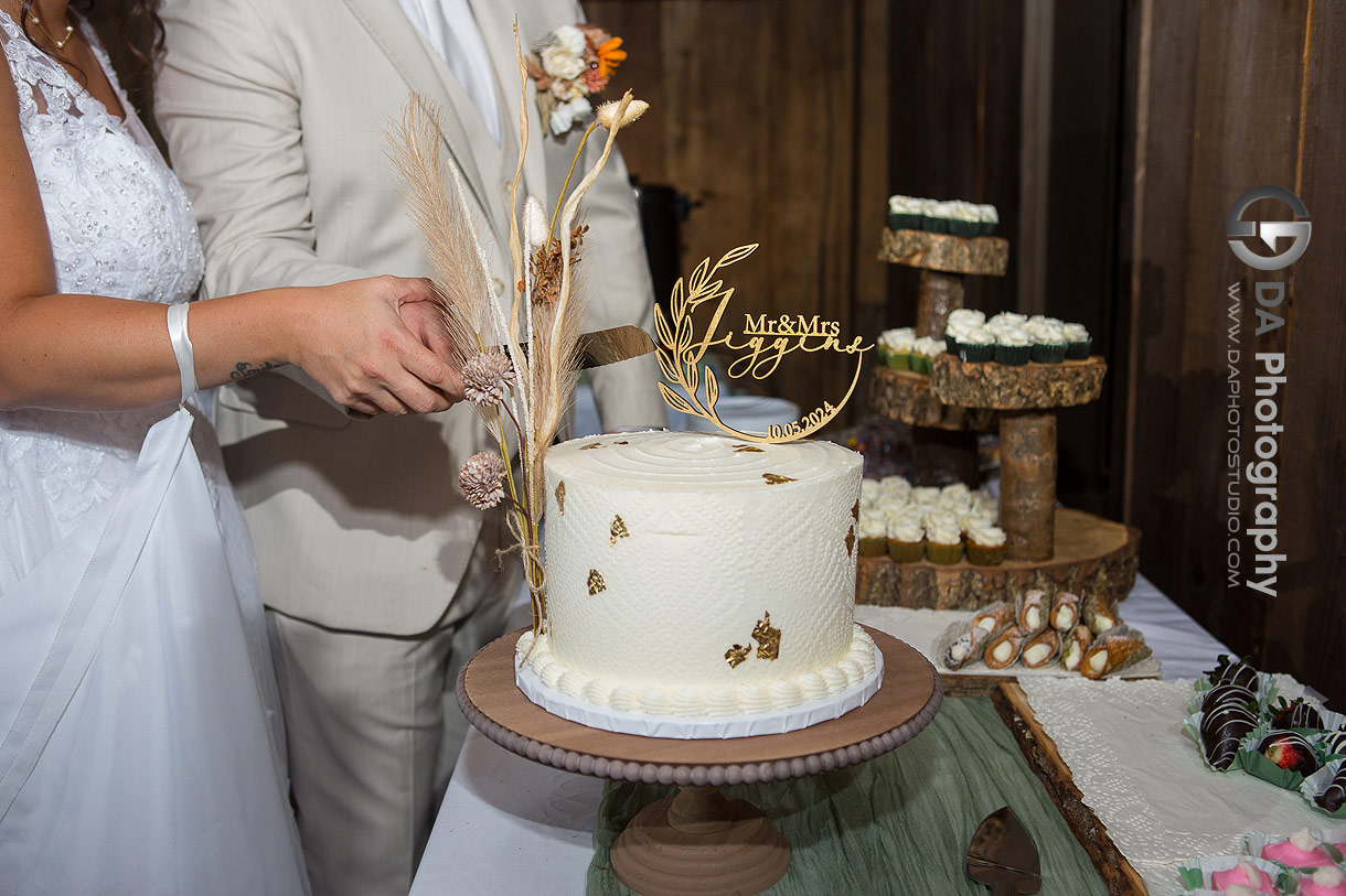 Bride and Groom cutting Cake at Troy Farms wedding