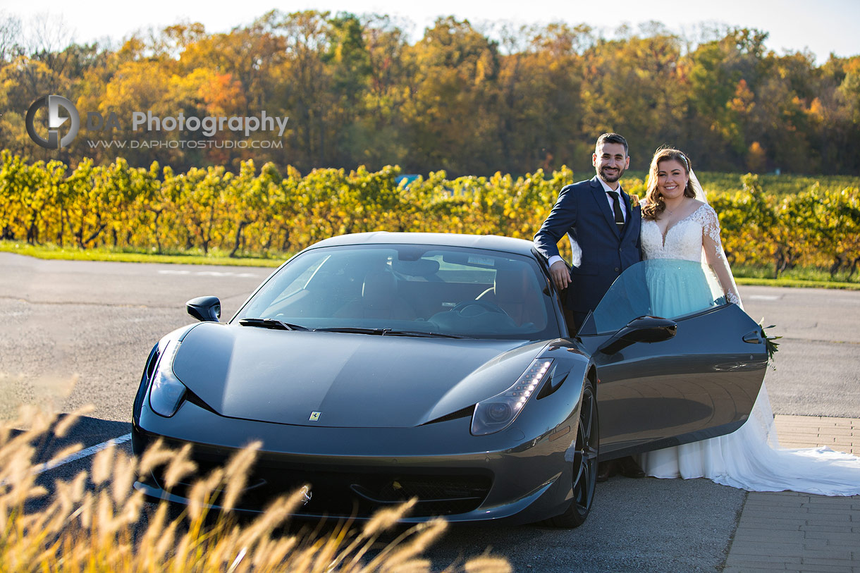 Wedding Couple with their Ferrari at Vineland Estates Winery in Lincoln