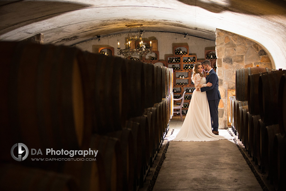 Wedding Photo sin a cellar at Vineland Estates Winery