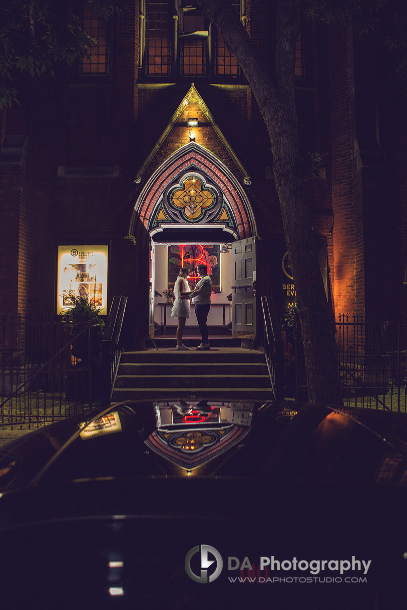 Photographs of Bride and groom in front of Berkeley Church in Toronto 