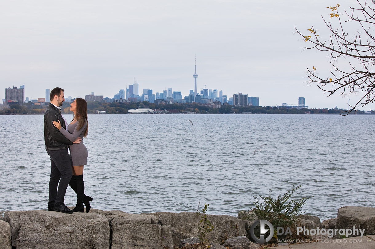 Humber Bay Arch Bridge Engagements in fall with city skyline