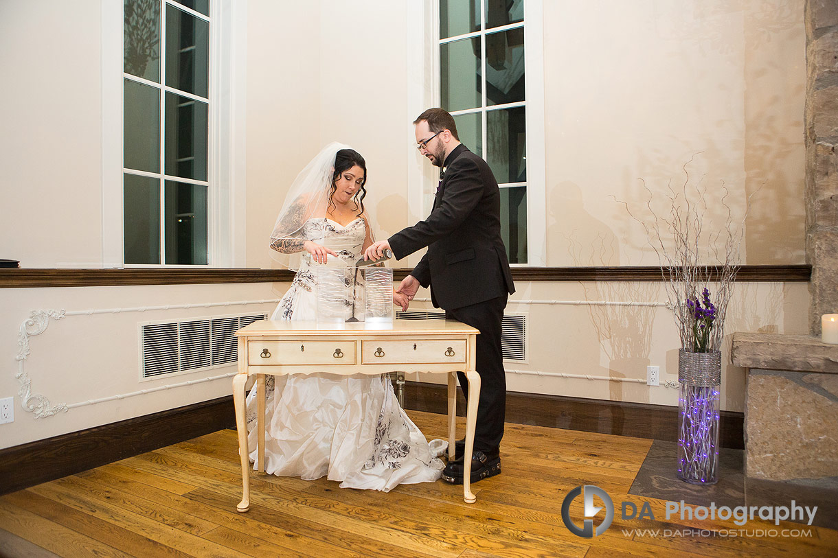 Bride and Groom during wedding ceremony at Ancaster Mill