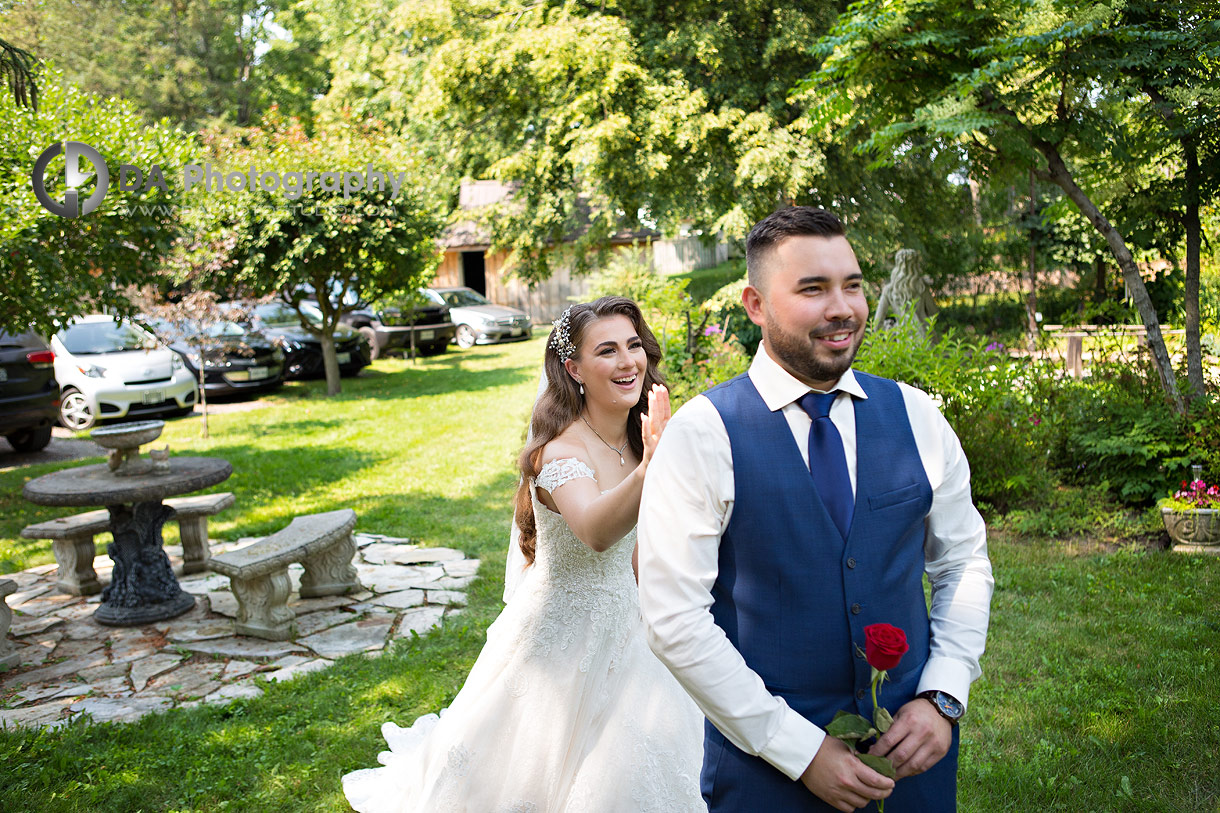 Emotional first look moment during a boho wedding at NithRidge Estates in Ayr