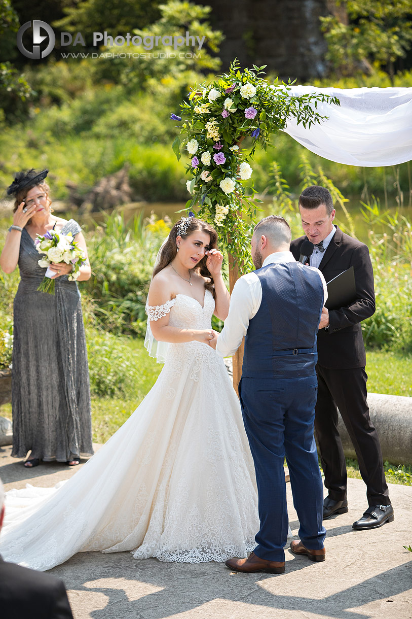 Emotional reactions during wedding ceremony during boho-style wedding at NithRidge Estates in Ayr
