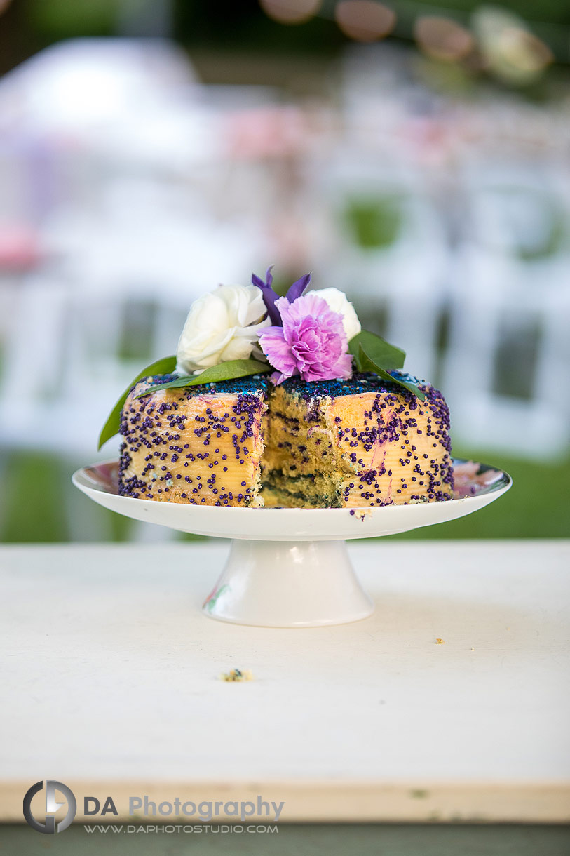 Cut wedding cake during a Boho style wedding reception