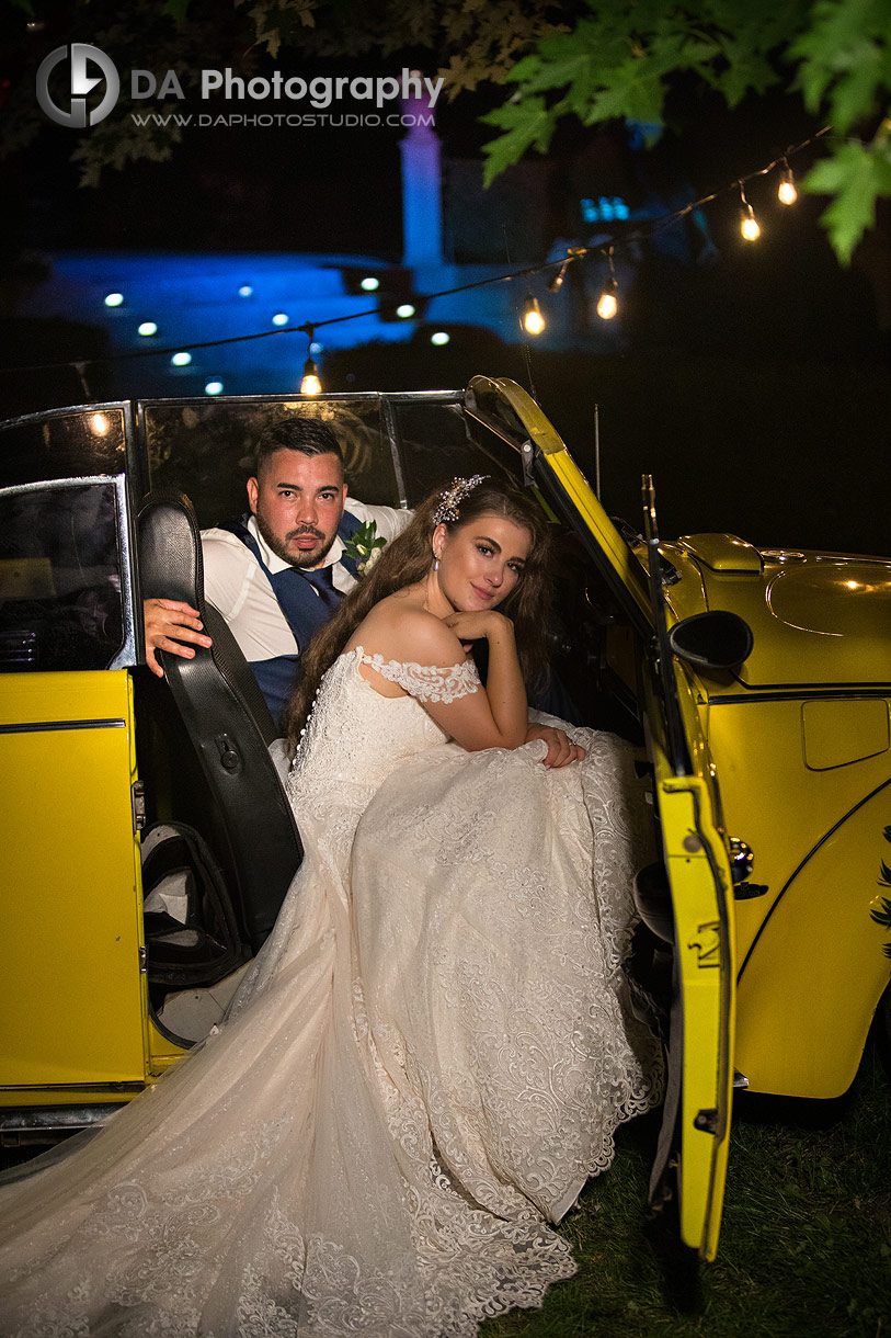 Outdoor boho wedding reception setup at NithRidge during twilight