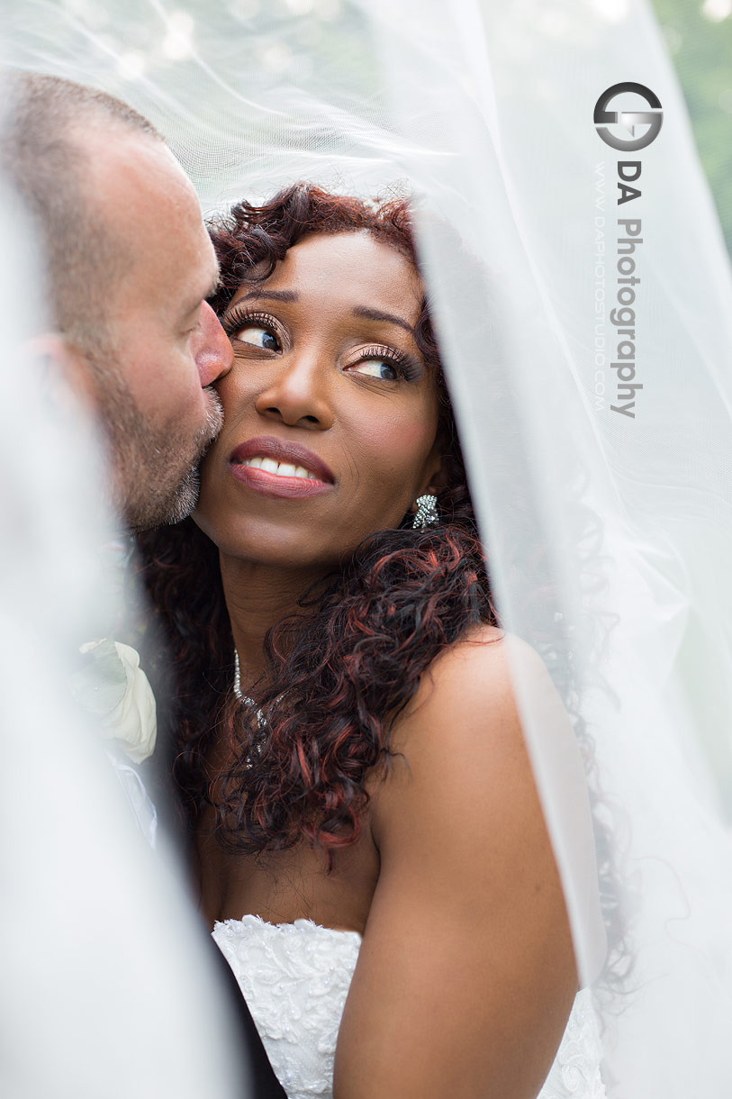 Groom kissing his brides during golden hour photo session