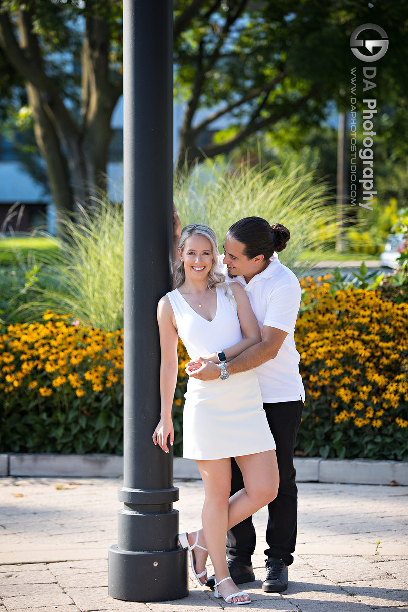 Couple standing in open shade for soft, natural engagement portraits at Westwood Park