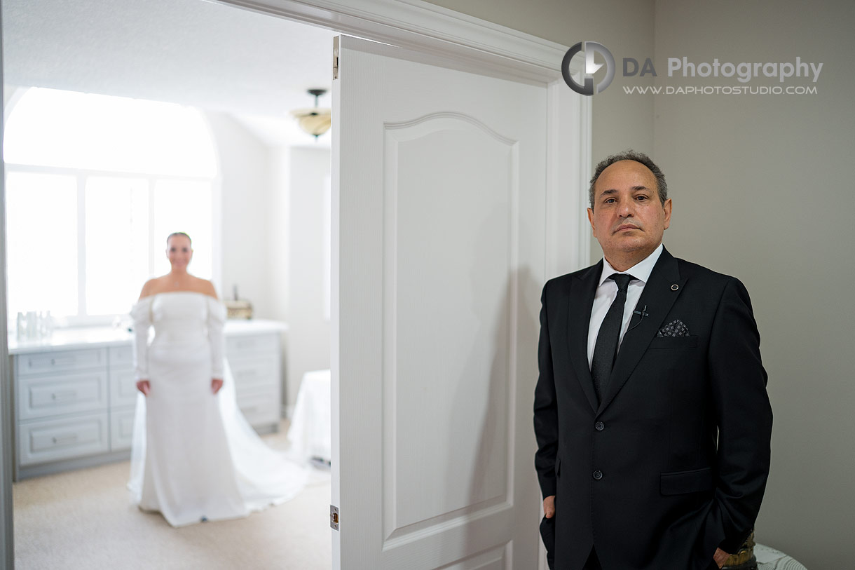 Split screen photo of a bride with her dad moments before the first look