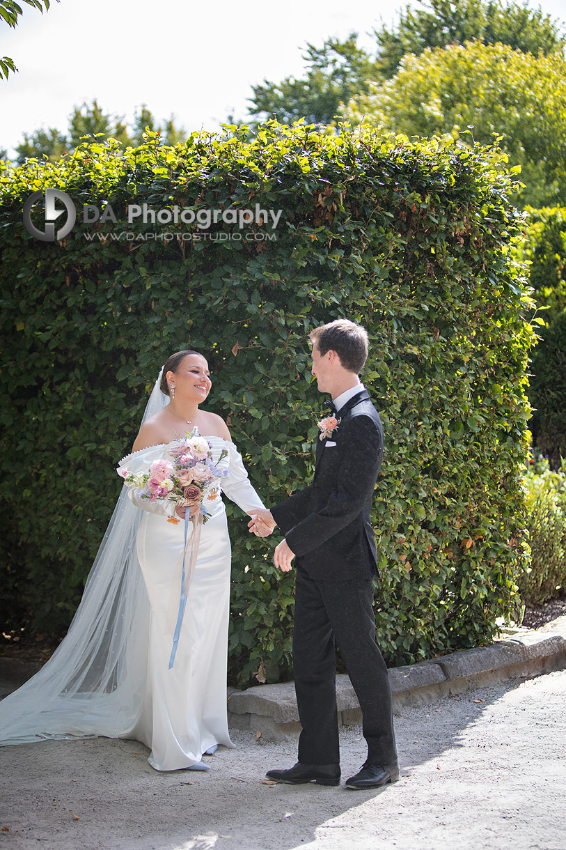 Bride and Groom in front of the Italian Garden at The University of Guelph Arboretum