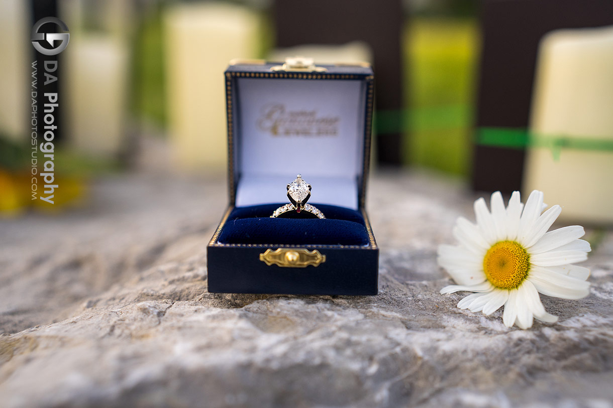 Photo of an engagement ring in a box by daisy flower after surprise proposal